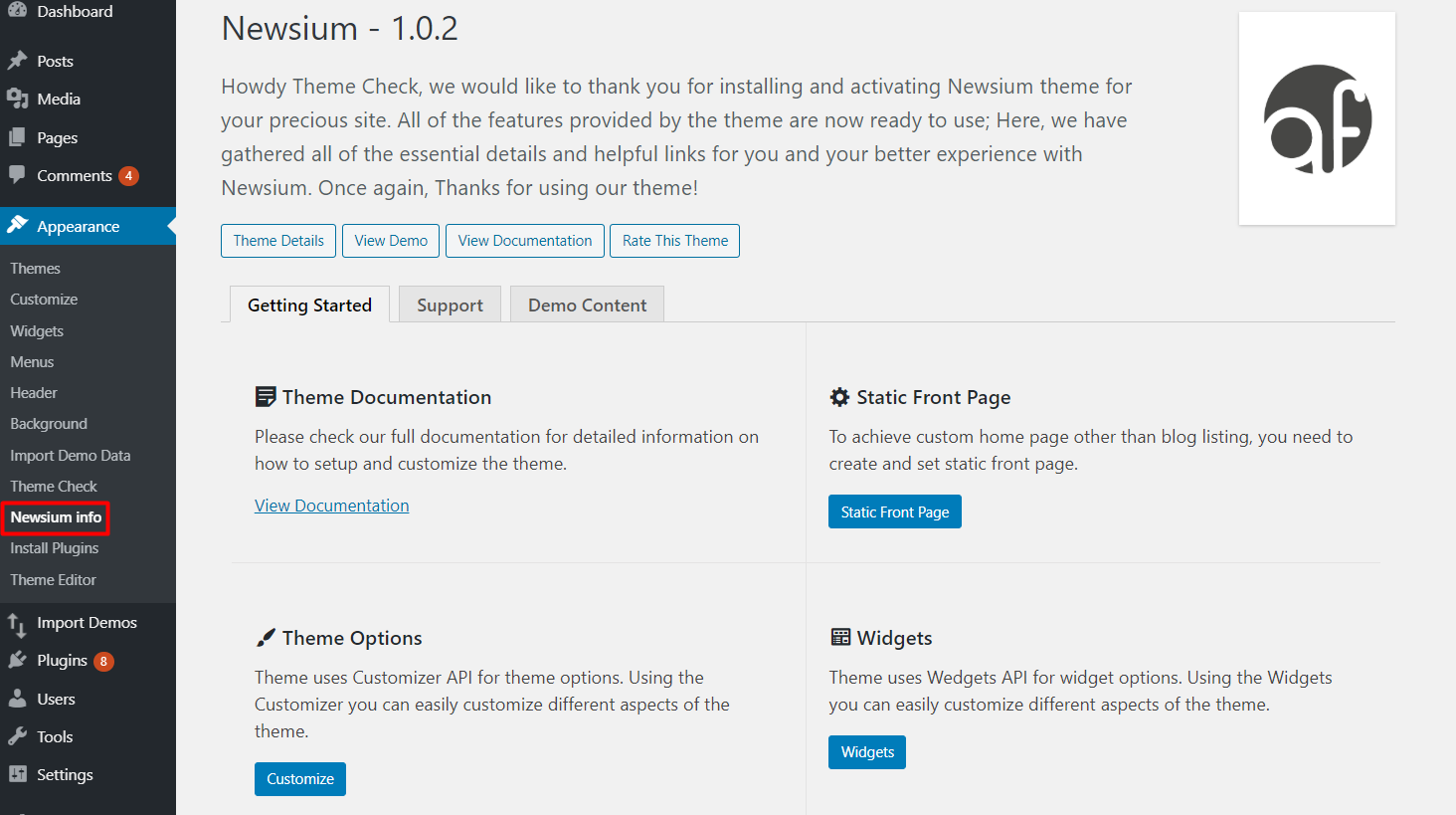 info halaman tema majalah WordPress