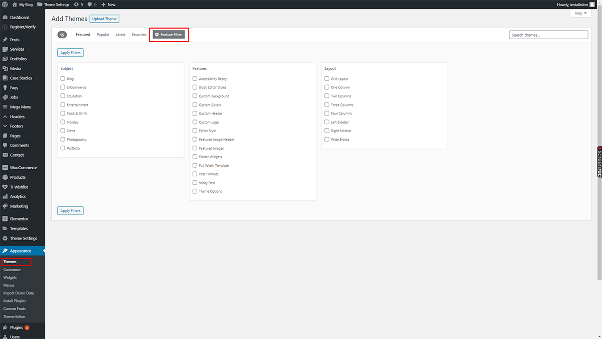L'opzione del filtro delle funzionalità ti consente di selezionare e filtrare i temi in base alle tue esigenze,