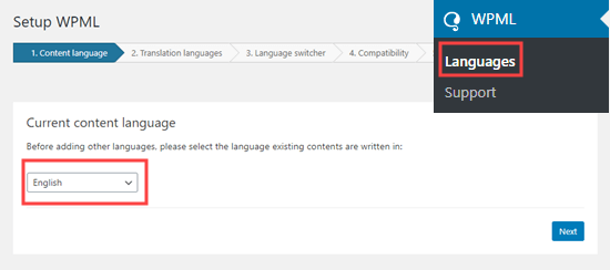 configuração de idioma do conteúdo em wpml