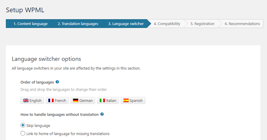 Opção de troca de idioma de wpml