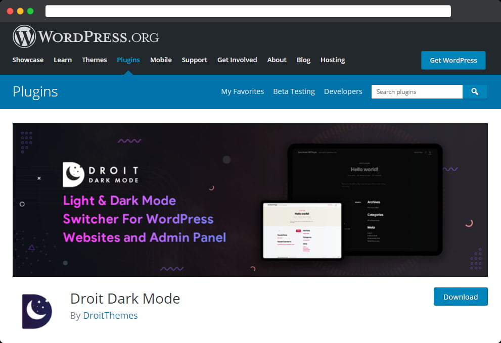 Tryb ciemny Droit na WordPress.org