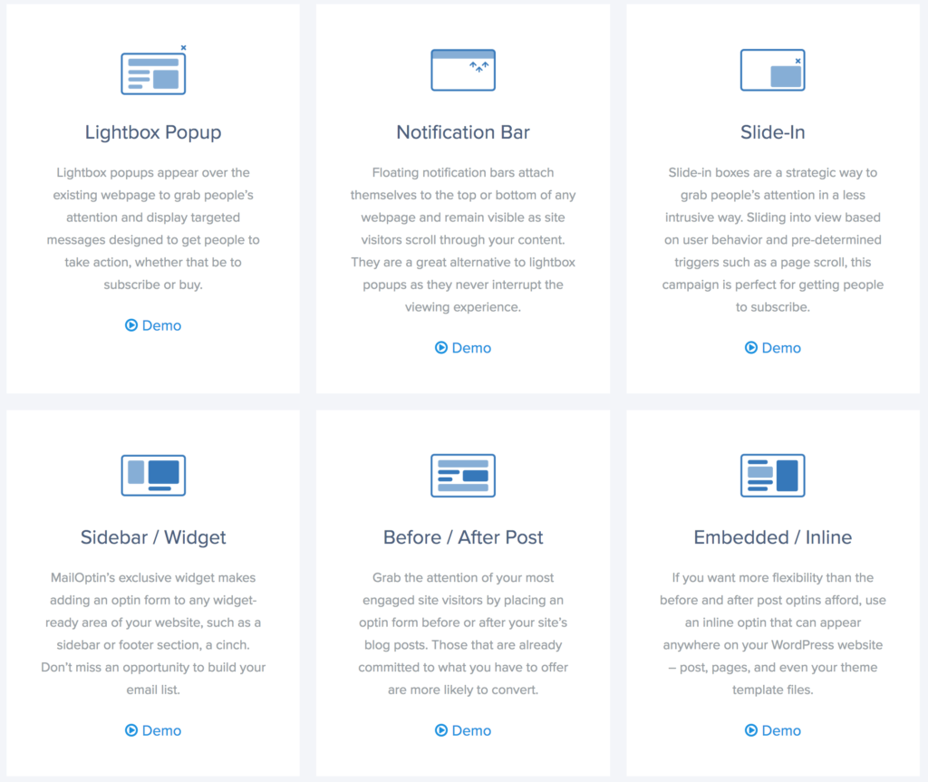ประเภทแบบฟอร์ม Optin ใน MailOptin