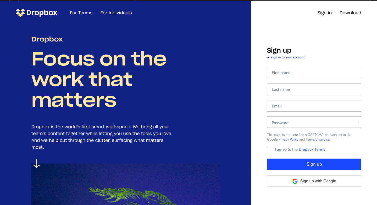 Dropbox 的主頁 - 使主頁內容信息簡短而準確。