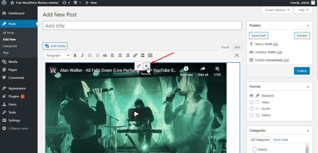 escolhendo Remover (o botão X)