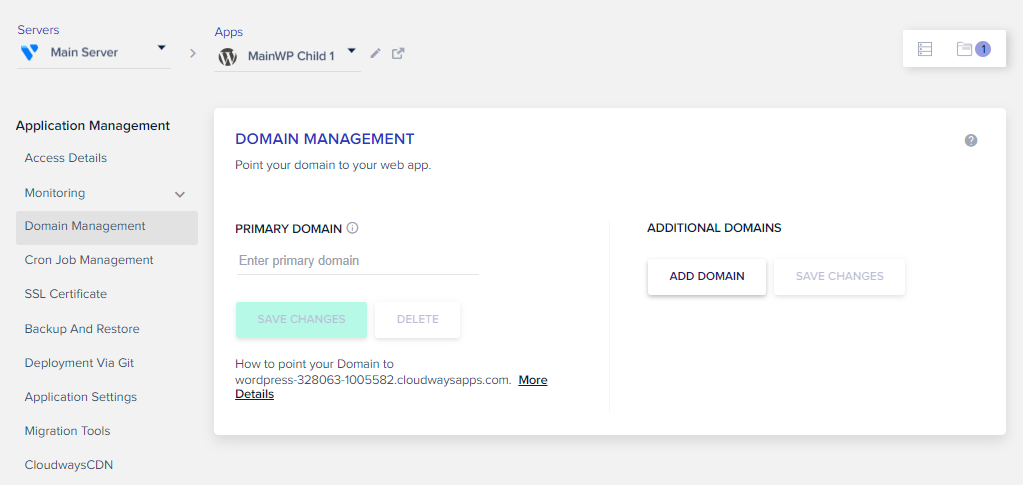 a área de aplicação de sua plataforma Cloudways
