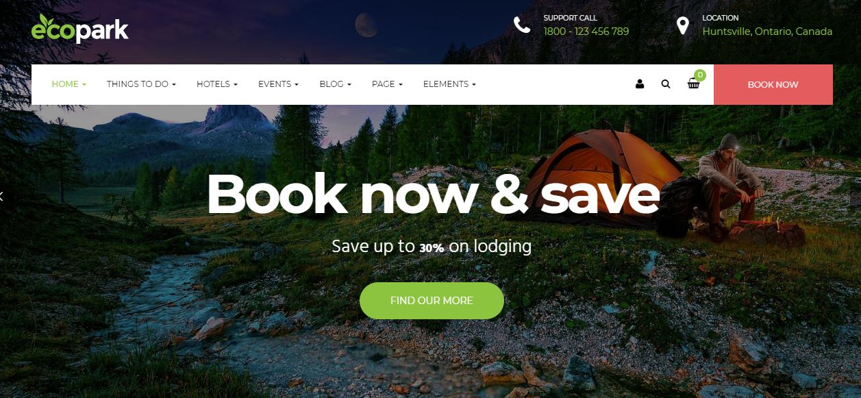 designul gratuit și prietenos al Ecoparkului printre un număr de teme WordPress pentru rezervarea călătoriilor