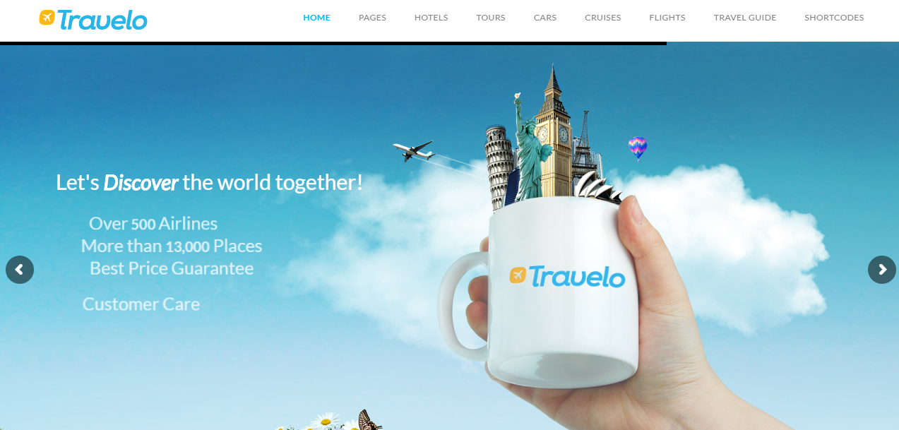 Cu siguranță vei fi atras de Travelo chiar de la primul clic de stilul extrem de liberal și genial al acestei teme de rezervare de călătorie WordPress