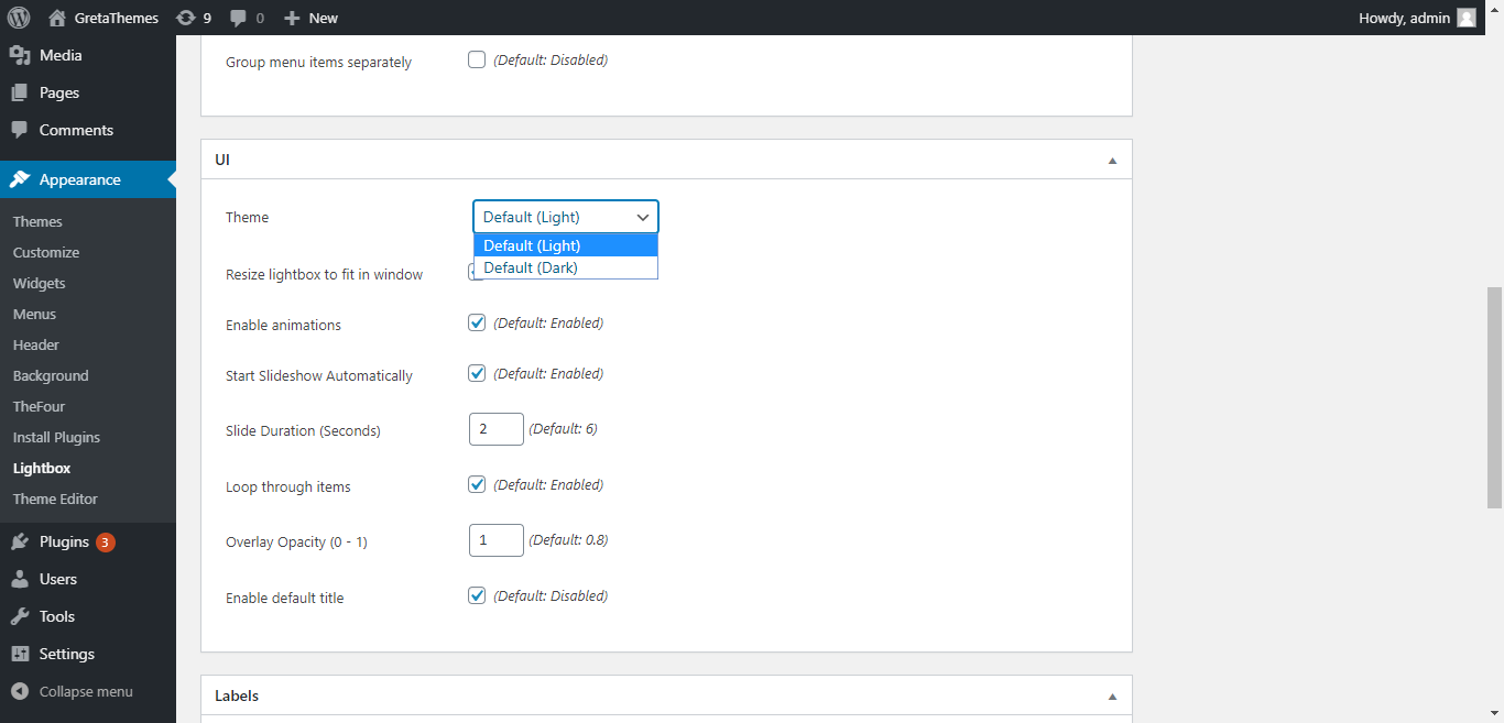 Guia da interface do usuário da configuração de caixa de luz simples