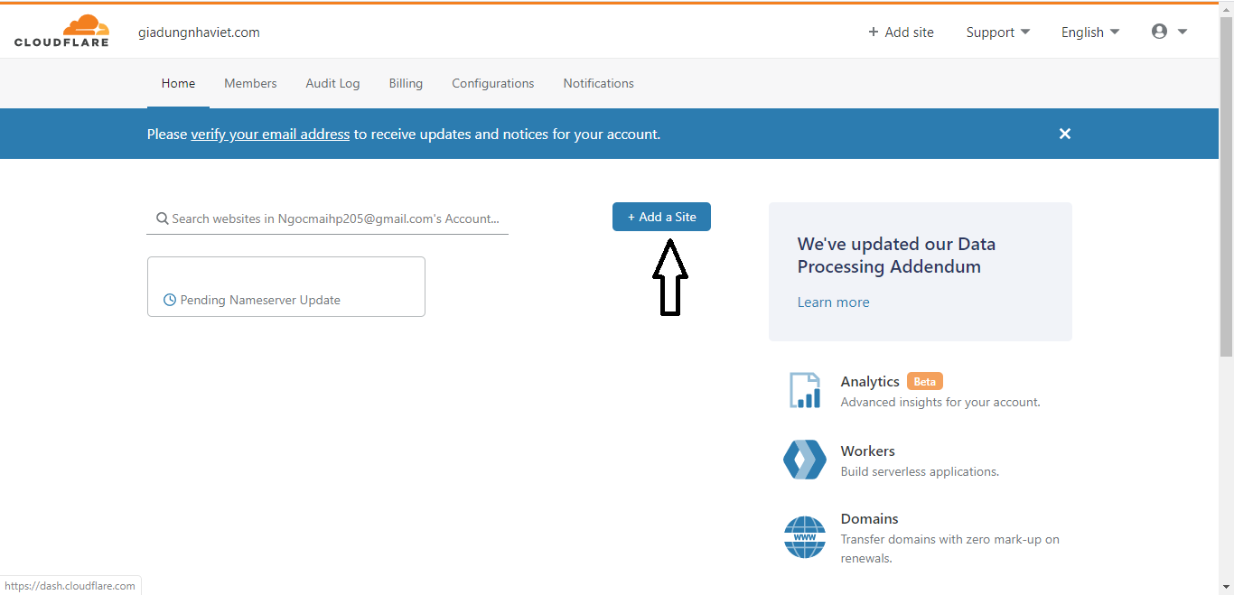 أضف المجال إلى Cloudflare
