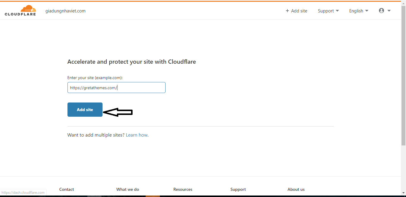 أدخل اسم المجال الخاص بك ، انقر فوق إضافة موقع