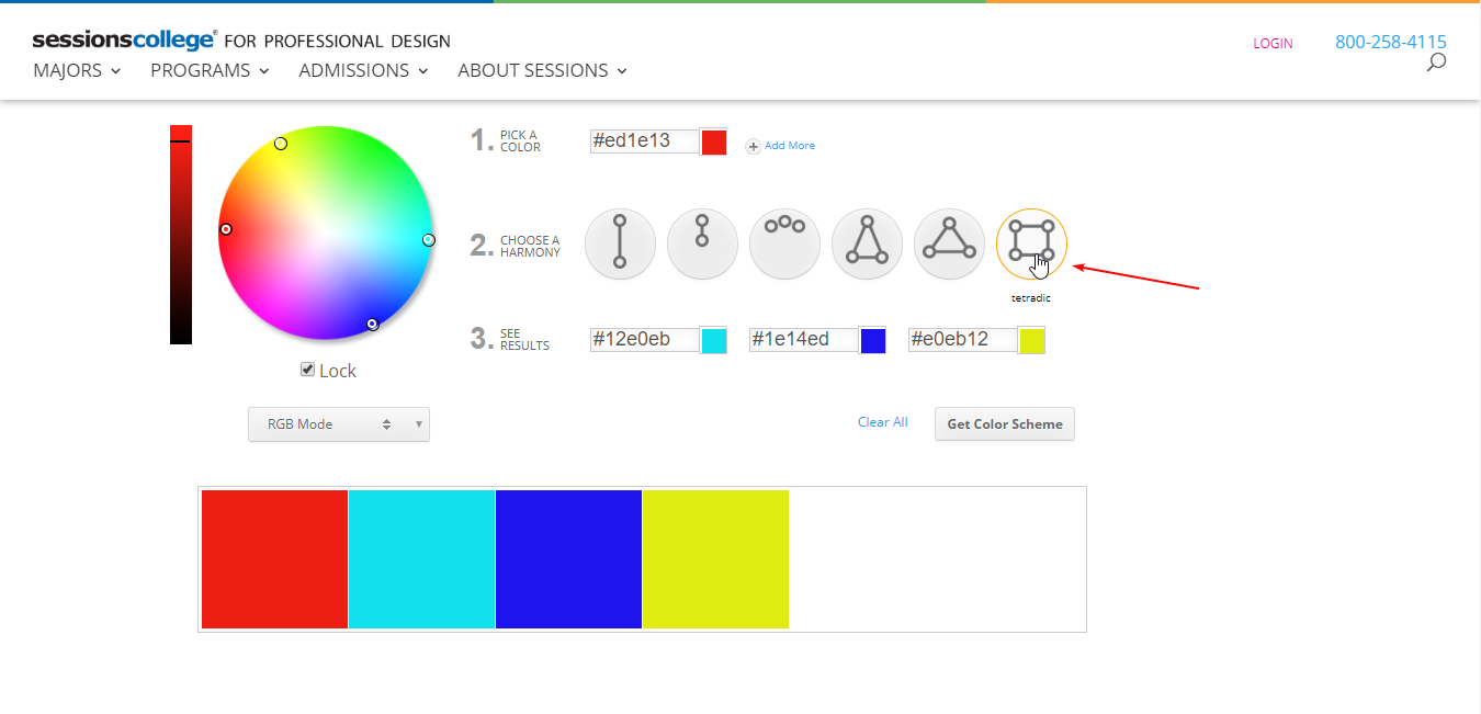 カラーホイール内の4つの等間隔のカラーポイントで構成される4色のセット