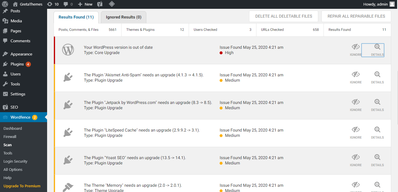 Wordfence listează toate problemele în fila Rezultate găsite