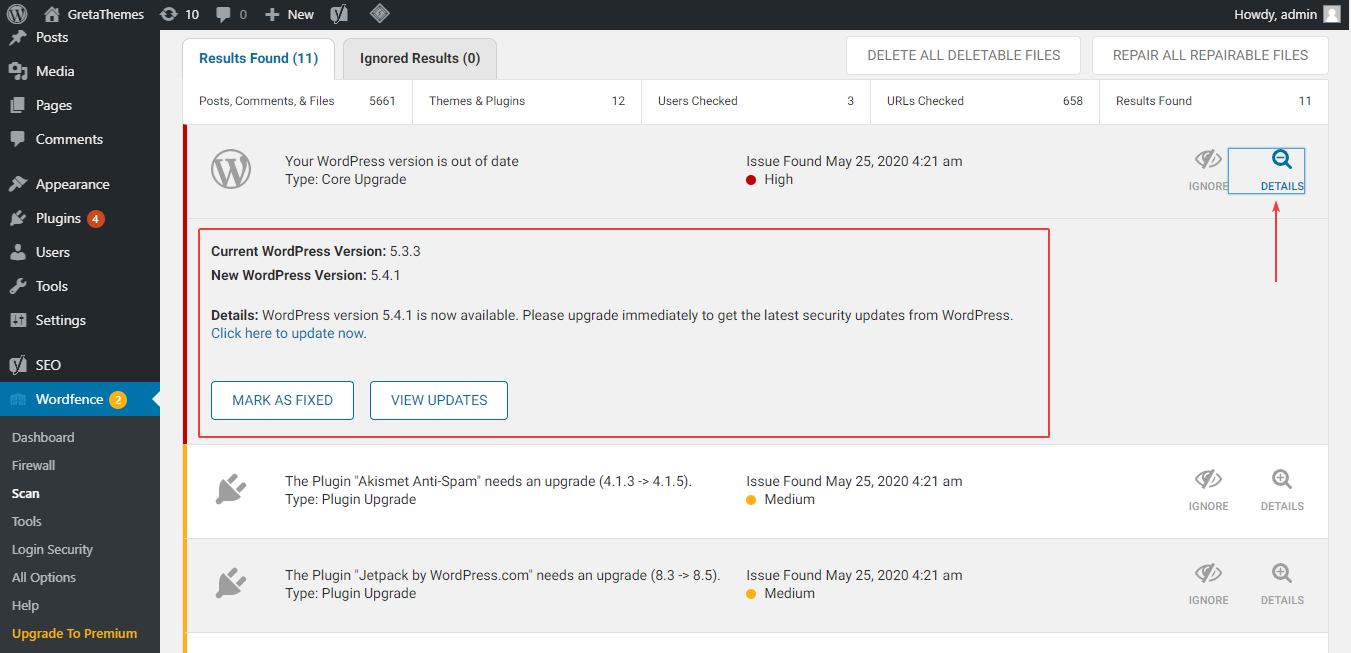 Wordfence sugerează o soluție pentru eliminarea codului rău intenționat și a războiului malițios