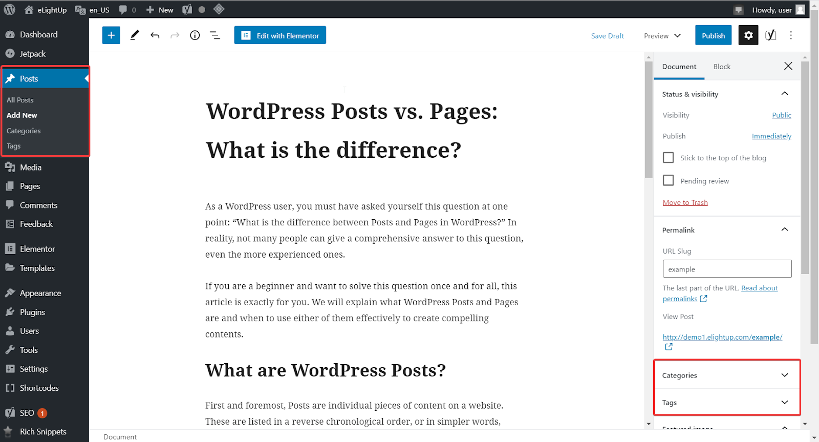شاشة Add New Post في لوحة تحكم WordPress