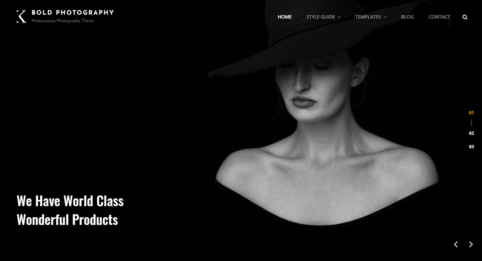 Motyw Bold Photography ma ciemny i kontrastowy wygląd.