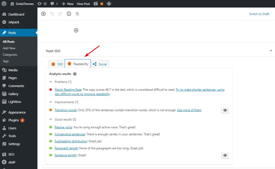Yoast SEO는 귀하의 게시물을 보다 "가독성" 있게 만들기 위한 몇 가지 제안을 제공합니다.