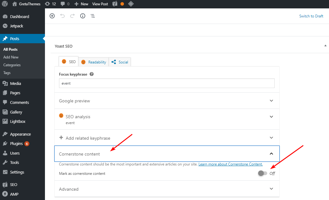 ON/OFF 버튼을 클릭하여 이것이 귀하의 사이트에서 중요한 게시물임을 Yoast SEO에 제출할 수 있습니다.