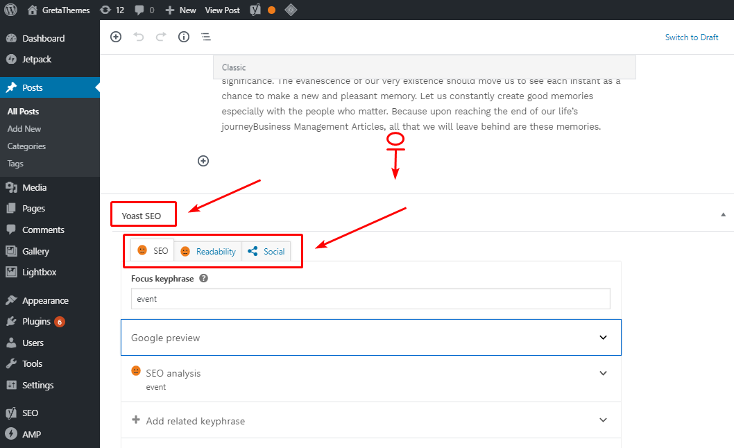 SEO, 가독성, 소셜의 3가지 탭이 있는 Yoast SEO 상자를 찾을 수 있습니다.