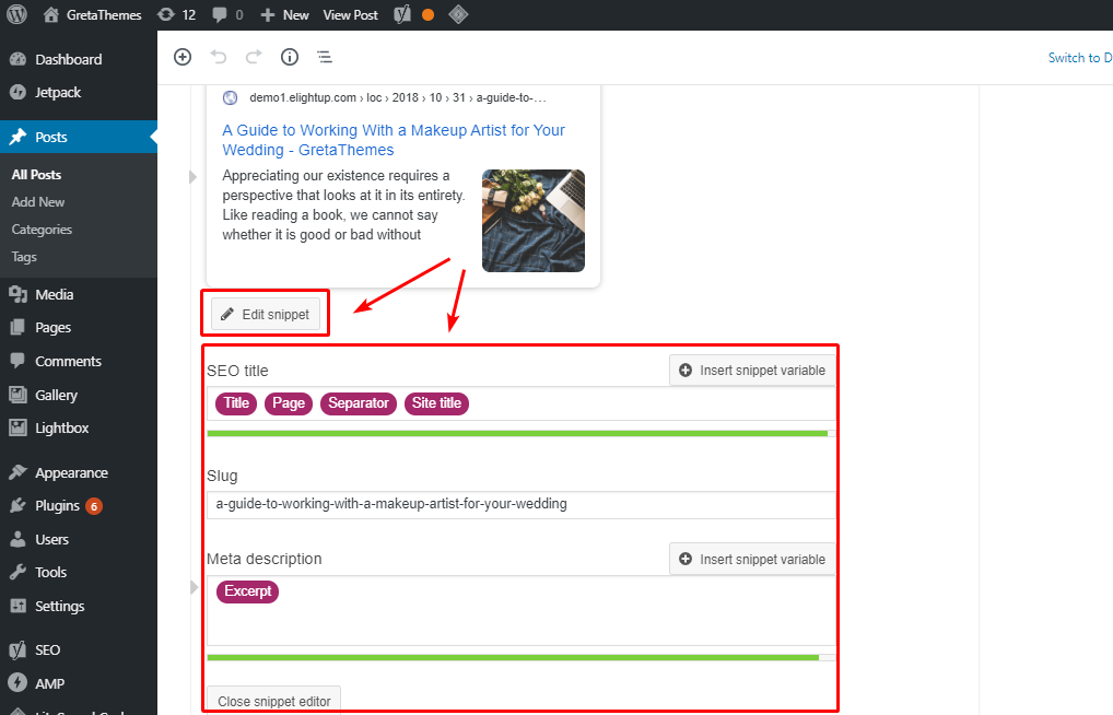 Yoast SEO를 사용하여 SEO 제목, Slug 및 메타 설명을 편집할 수 있습니다.