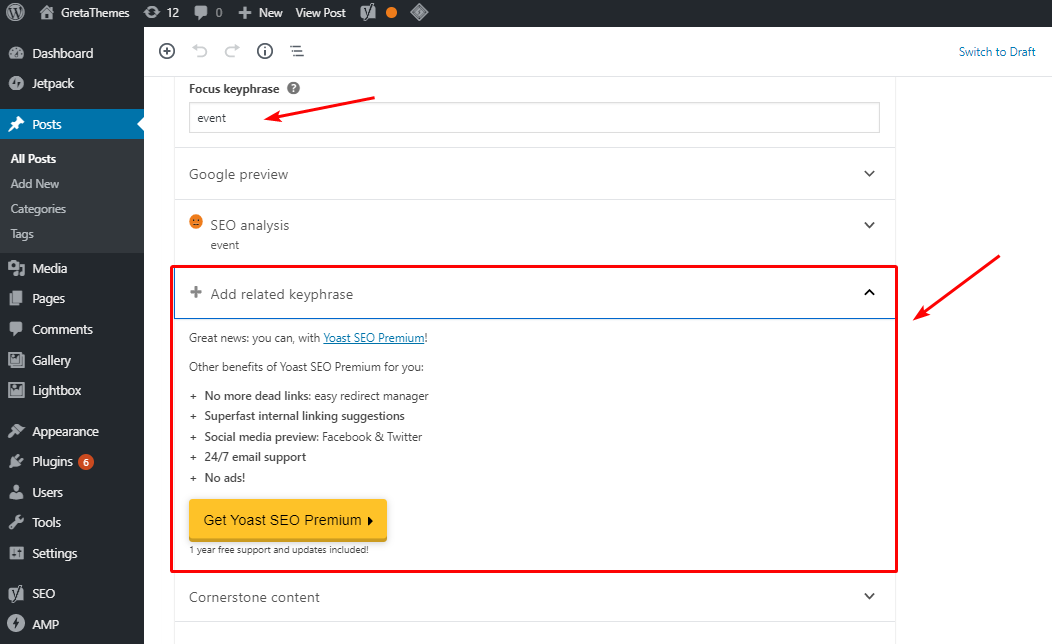 Yoast SEO는 콘텐츠 최적화를 위한 리뷰와 제안을 제공합니다.
