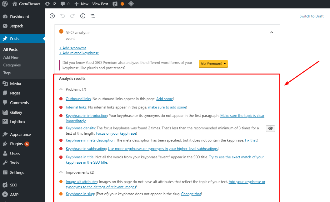 Yoast SEO는 "event"라는 키워드로 기사 콘텐츠를 최적화하기 위한 몇 가지 제안을 주었습니다.