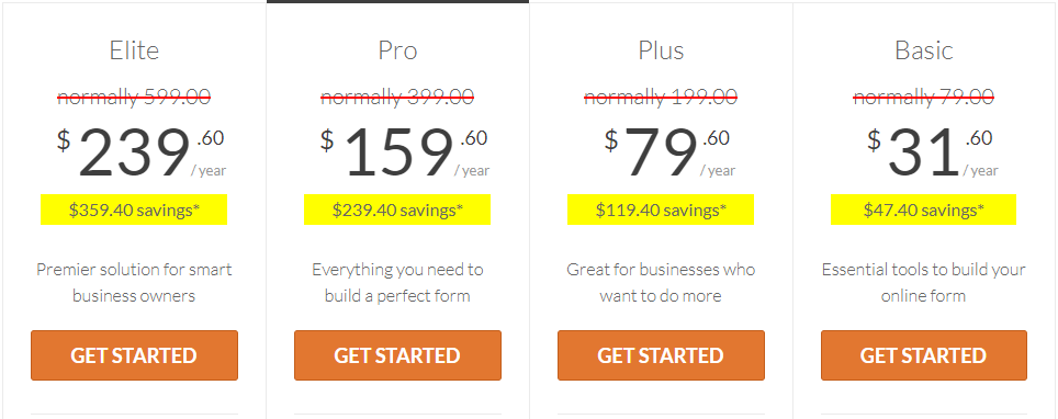 Il existe 4 plans de WPForms et 4 gammes de prix correspondantes à choisir