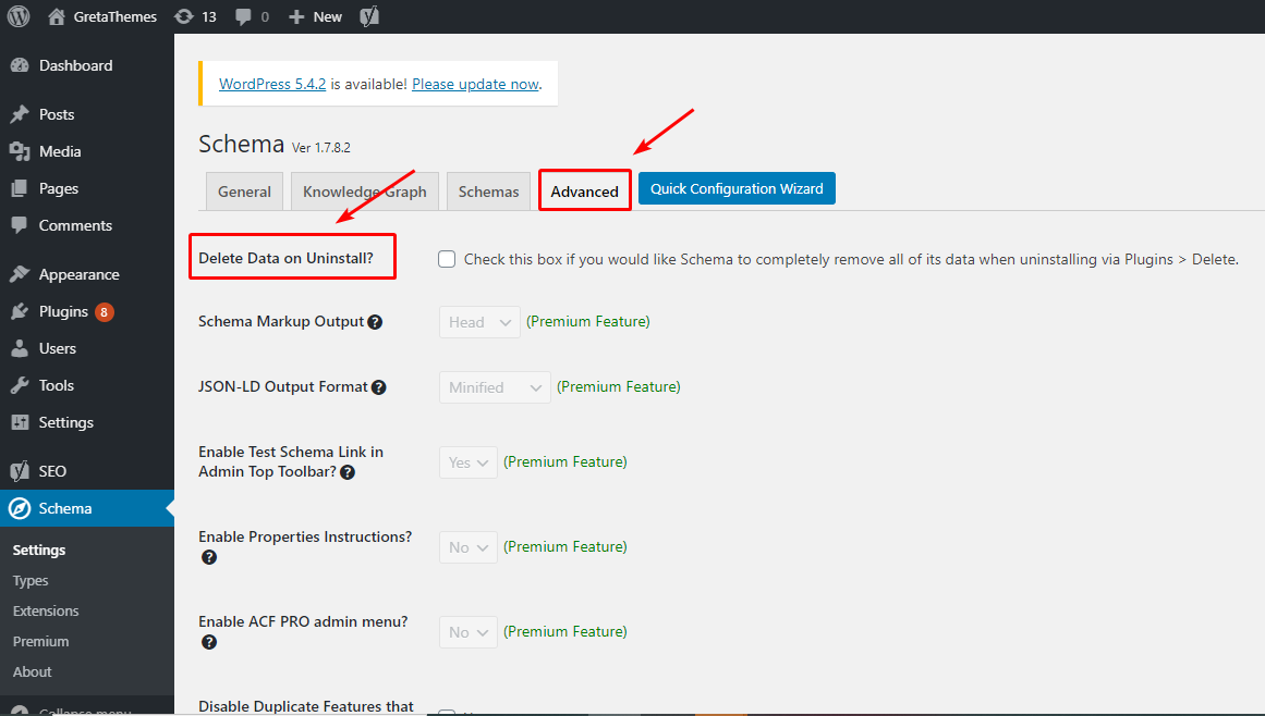 แท็บขั้นสูงมีไว้สำหรับ Schema เวอร์ชันพรีเมียมเท่านั้น