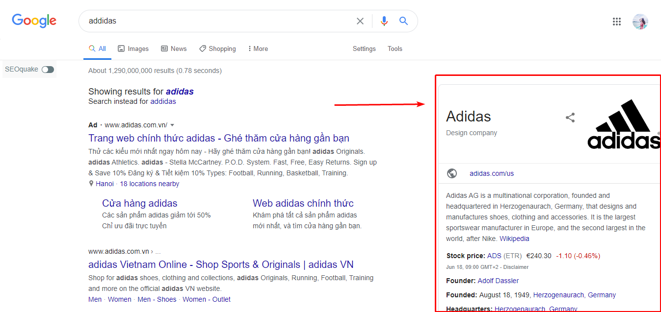 การ์ดกราฟความรู้ของ Google Schema เป็นการ์ดข้อมูลขนาดใหญ่ที่แสดงทางด้านขวามือ