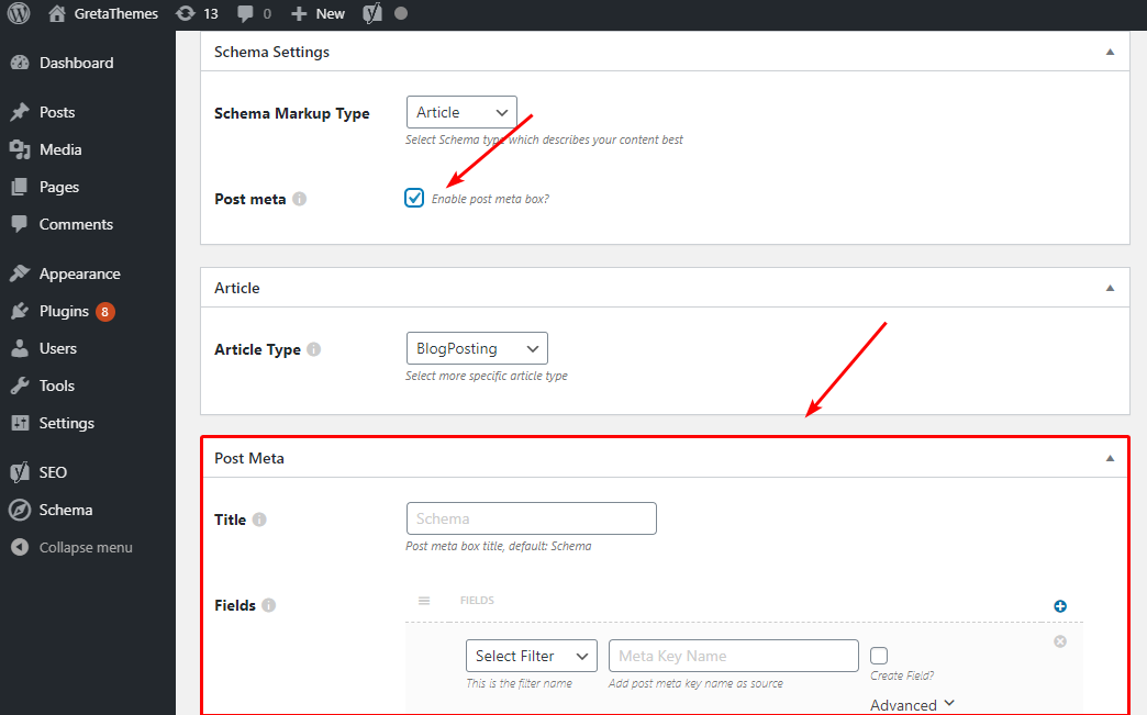 หากคุณต้องการเพิ่มเมตาบ็อกซ์ ให้คลิกที่โพสต์เมตา ส่วนโพสต์เมตาใหม่จะปรากฏขึ้นด้านล่างเพื่อช่วยคุณสร้างฟิลด์เพื่อจัดหมวดหมู่เนื้อหา