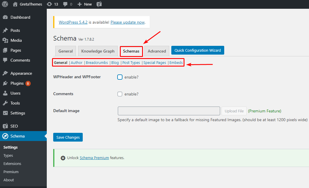 ในแท็บ Schema คุณสามารถเปิดหรือปิด Schema สำหรับเพจและเนื้อหาอื่นๆ