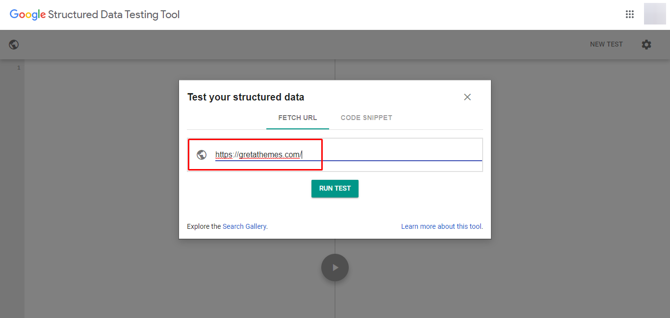 หากต้องการตรวจสอบว่าเว็บไซต์ของคุณมี Schema หรือไม่ ให้ป้อนชื่อเว็บไซต์ของคุณในส่วน Fetch URL แล้วคลิก Run test