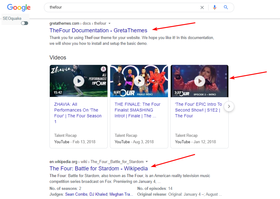 เว็บไซต์ GretaThemes จะแสดงที่ตำแหน่งบนสุดของ SERP ด้วยคีย์เวิร์ด "thefour"