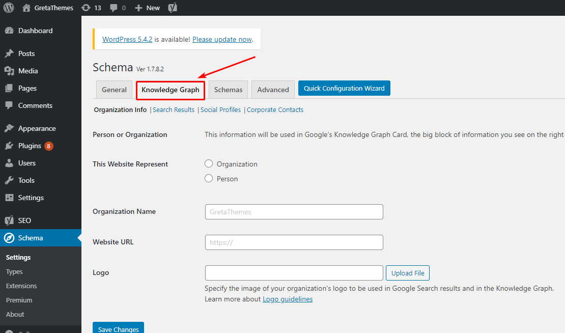 ในแท็บกราฟความรู้ คุณต้องระบุข้อมูลโดยละเอียดเพิ่มเติมเกี่ยวกับเพจของคุณ