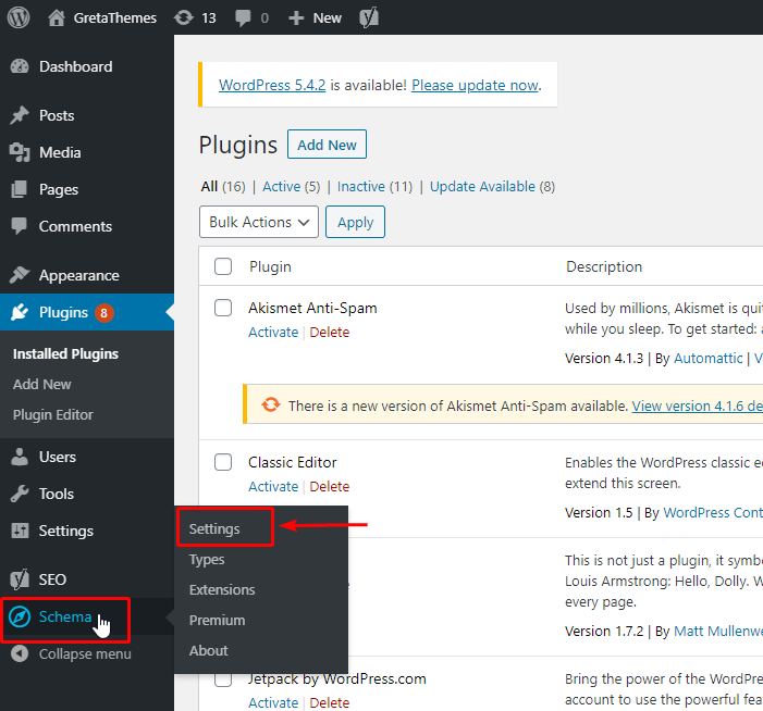 คุณต้องกำหนดค่าปลั๊กอิน Schema ในส่วนการตั้งค่าของมัน