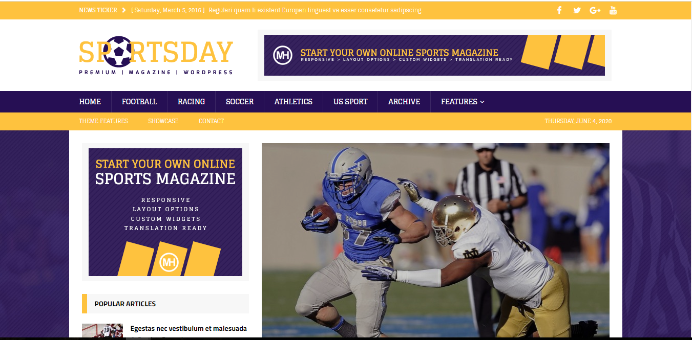 Эта тема WordPress - портал и спортивный журнал для клубов и любителей спорта.