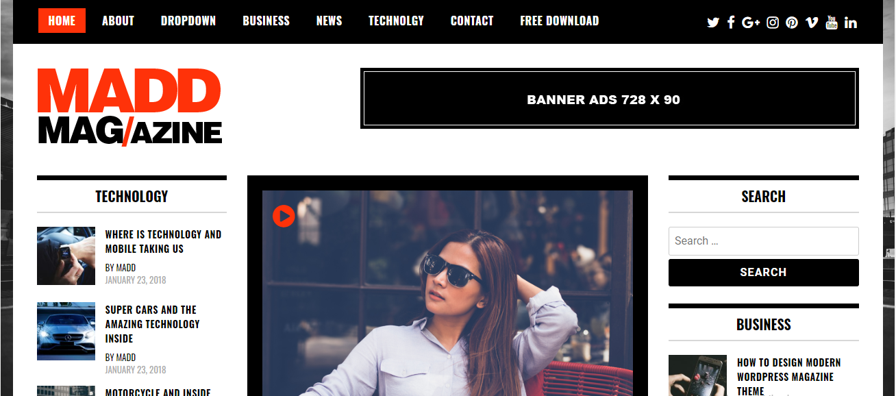 Madd Magazine es un tema gratuito de WordPress para revistas que está limpio, diseñado profesionalmente y tiene un hermoso estilo de tres columnas.