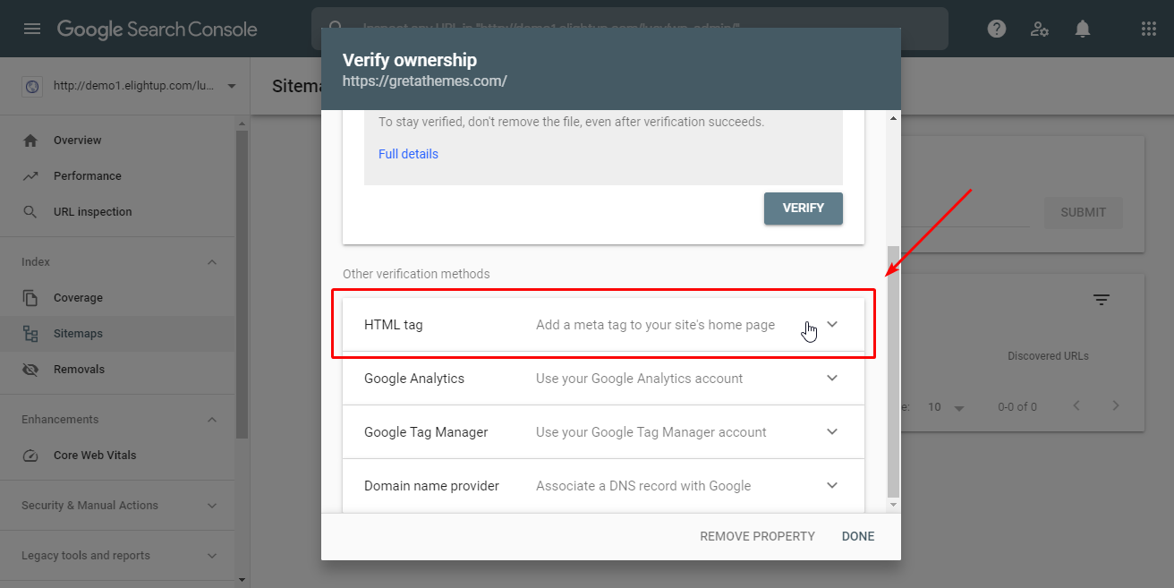 عندما يظهر مربع حوار التحقق من الملكية ، تنتقل إلى علامة التبويب HTML في قسم طرق التحقق الأخرى.