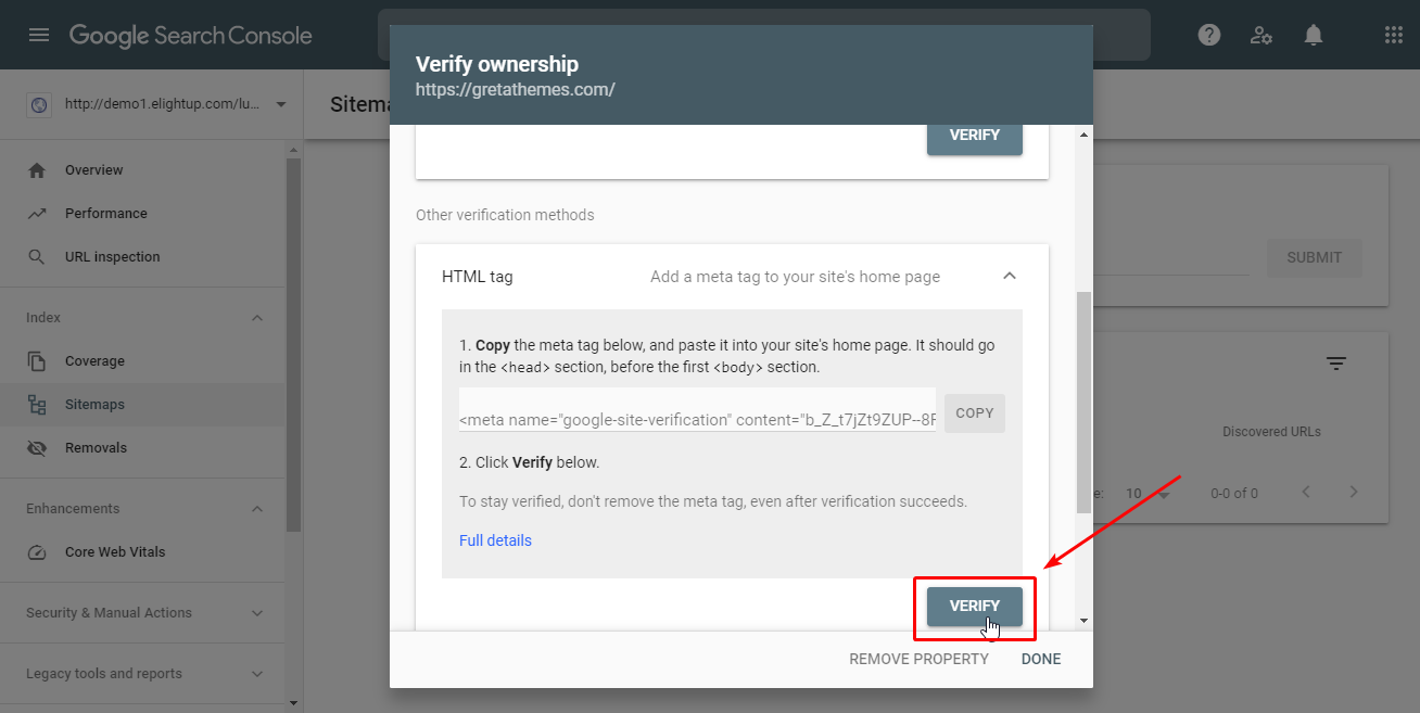 ارجع إلى صفحة Google Search Console مرة أخرى ، وانقر فوق تحقق.