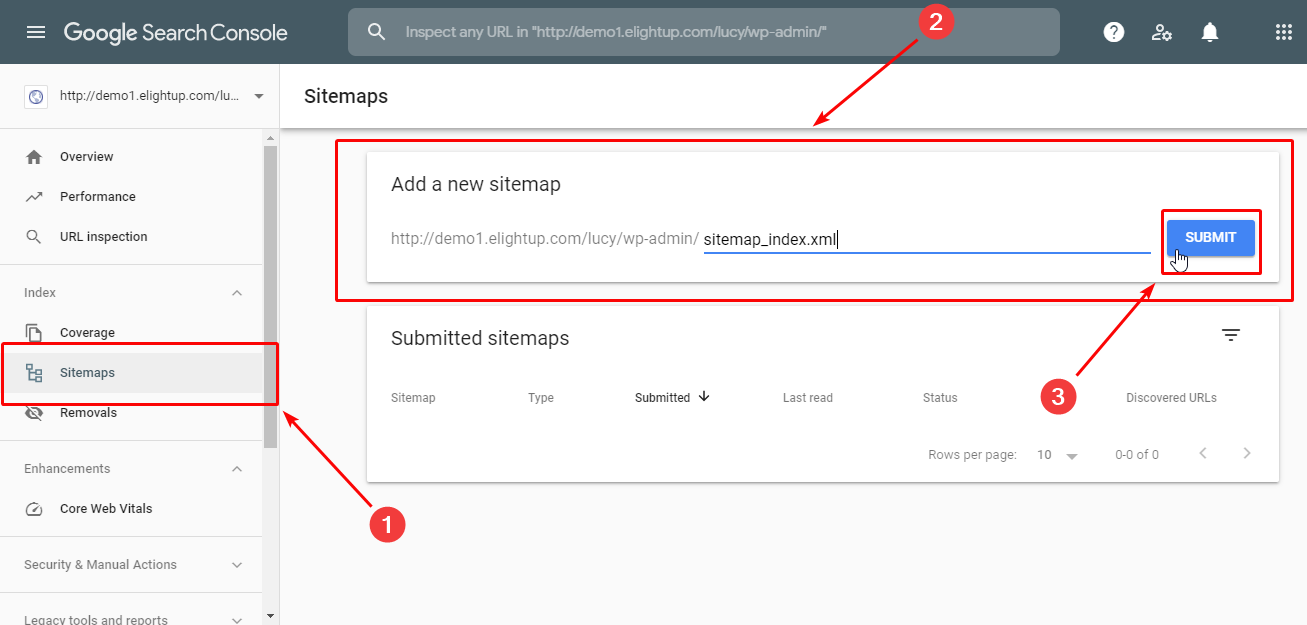 أدخل عنوان URL لخريطة الموقع في مربع إضافة خريطة موقع جديد وانقر على إرسال لإرساله إلى Google