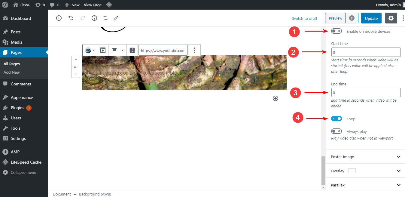 ビデオの背景を便利に表示するには、いくつかの主要なセクションを以下のように設定する必要があります