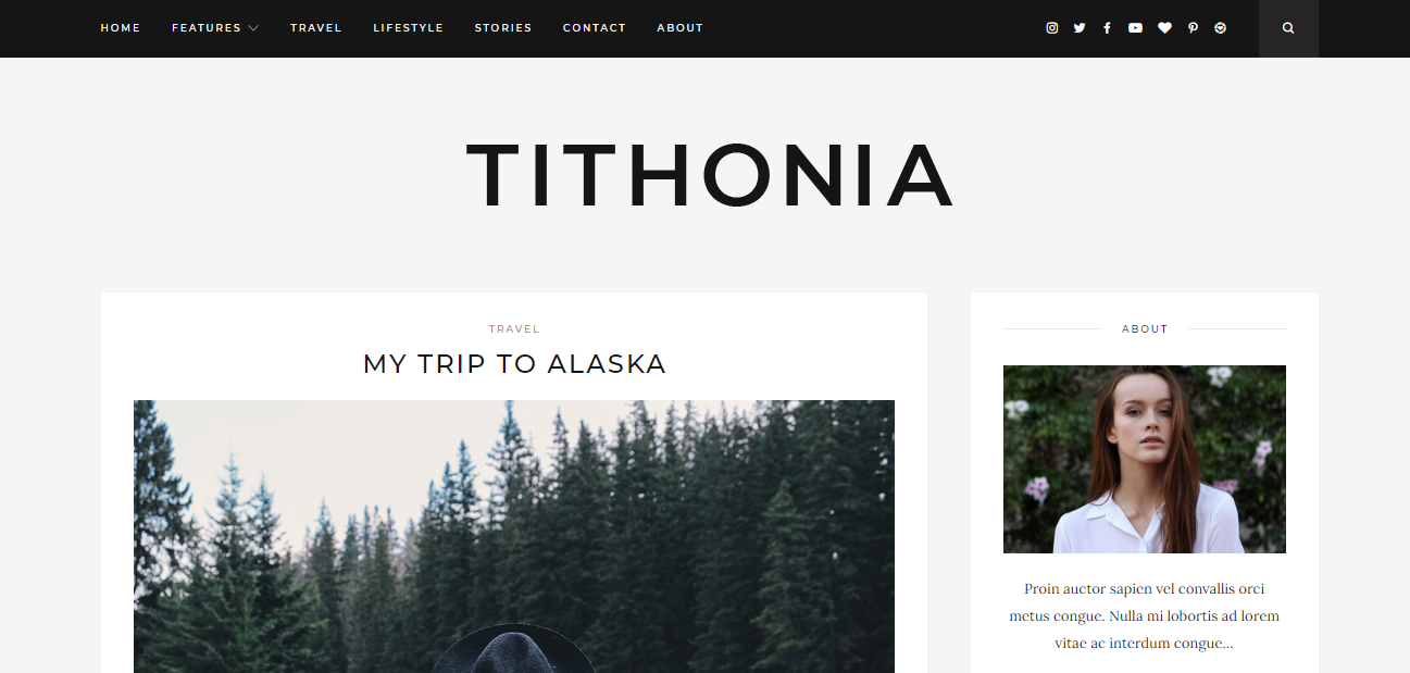 Tithonia ist ein trendiges Thema für Ihren Blog mit einem klassischen und klaren Stil mit der lesbaren Typografie und der aufgeräumten Rastergalerie.