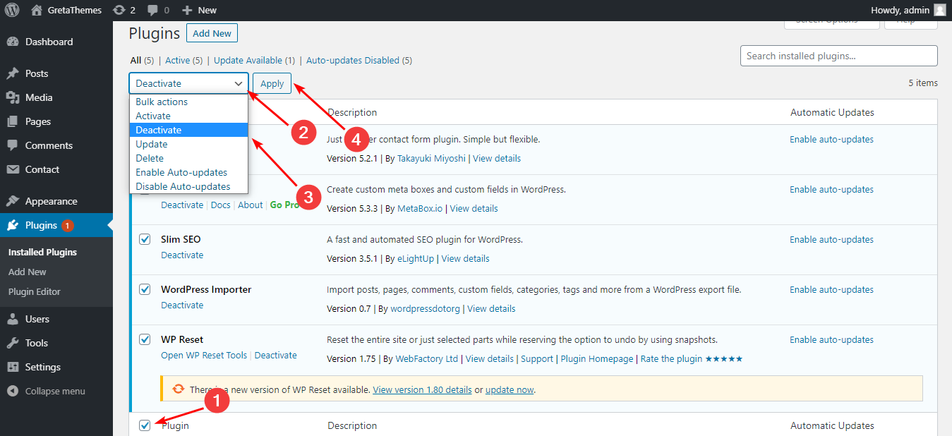 Plug-ins desativados em seu site WordPress.
