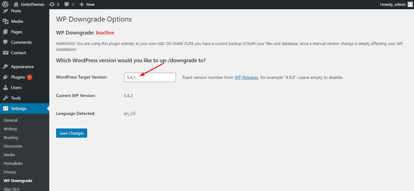Digite a versão desejada do WordPress e salve as alterações.