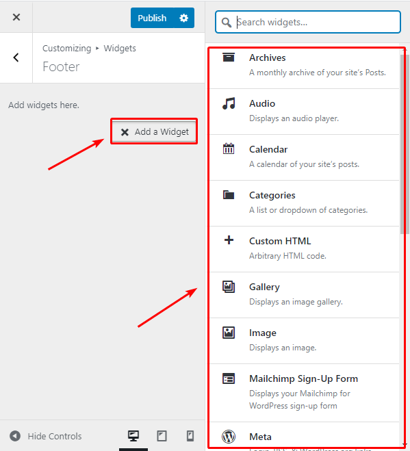 Вы можете выбрать виджет в списке или использовать строку поиска, чтобы найти его.