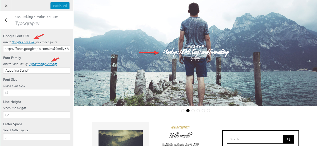 Получите код, название или ссылку шрифта с сайта fonts.google.com и вставьте их в поля.