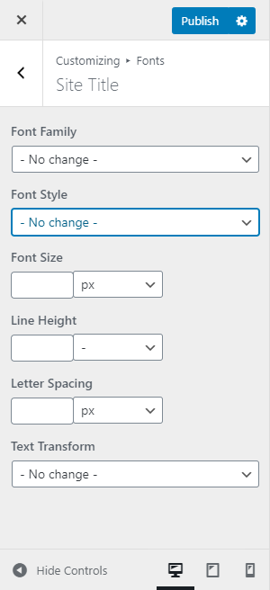 Раздел «Шрифт» или «Типографика» позволяет изменять стили шрифтов, семейные шрифты, размер текста и т. Д.