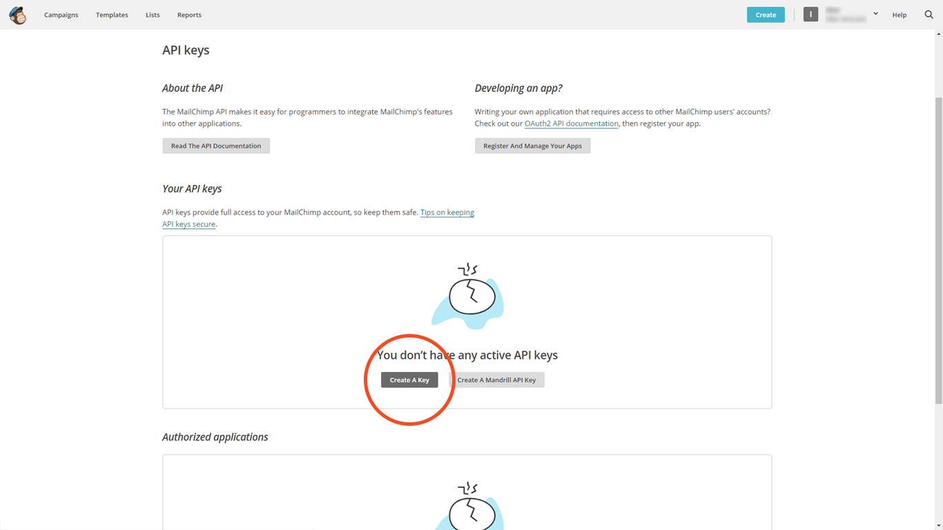 Создание ключа API для интеграции учетной записи MailChimp с плагином MailChimp для WordPress.