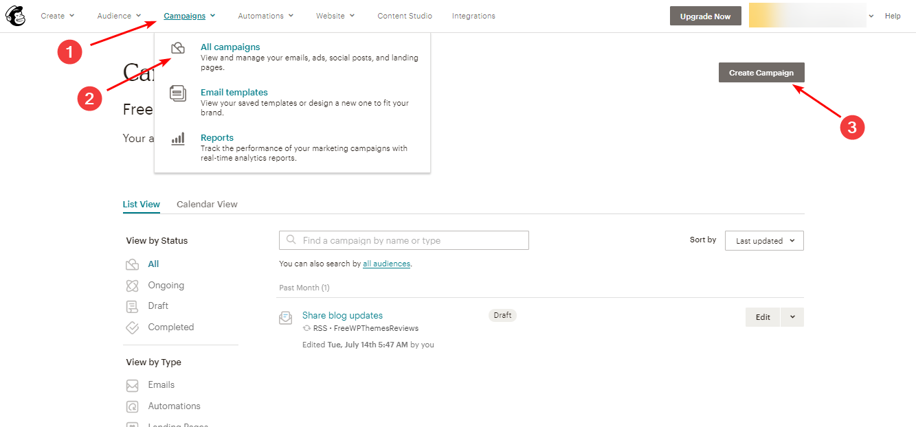 Создайте новую кампанию, чтобы отправить сообщение в блог подписчикам.