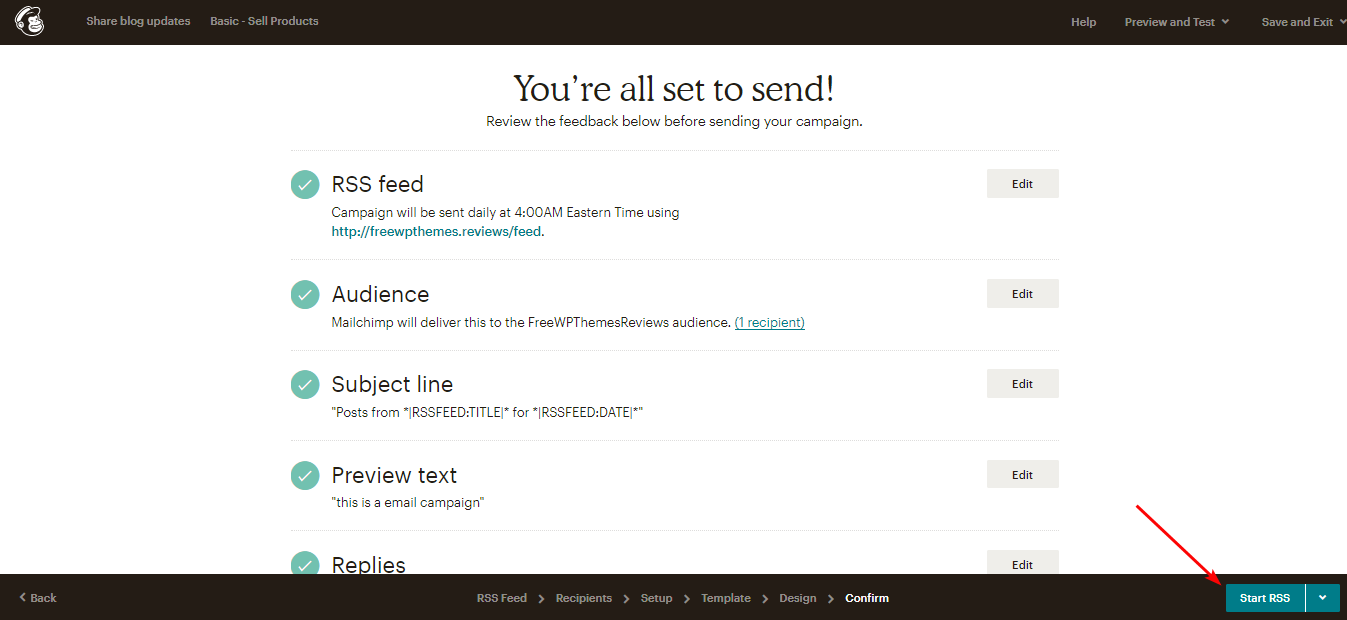 Выберите «Начать RSS», чтобы начать рассылку электронной почты.