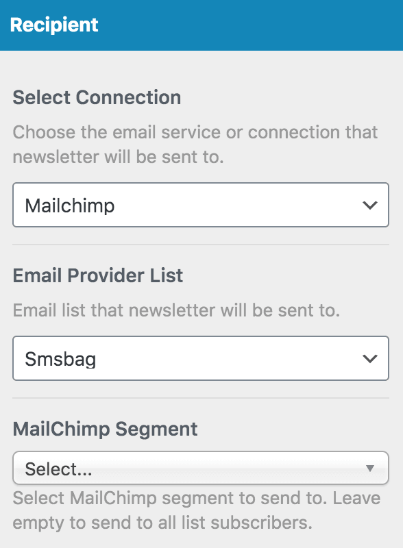 прокрутите вниз до раздела Получатель, выберите Mailchimp и выберите, какая из ваших аудиторий MailChimp